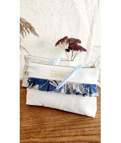 Trousse PAULA Froufrou - Toile ancienne Blanc Cassé - Volant Bleu Orage