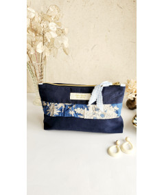 Trousse PAULA Froufrou - Toile ancienne Bleu Nocturne - Volant Bleu Orage