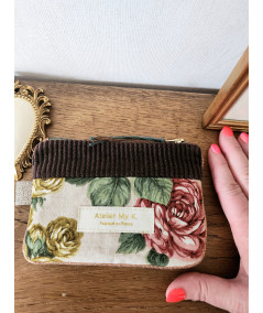 Porte Monnaie MAYA - Velours Chocolat et Coton Recyclé Floral Rétro Rose