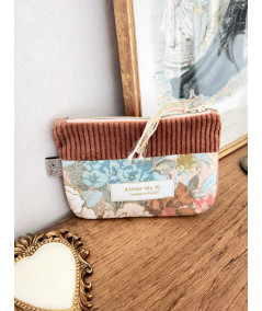 Porte Monnaie MAYA - Velours Noisette et Coton Recyclé Floral Rétro Bleu