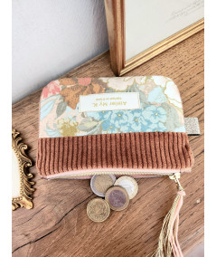 Porte Monnaie MAYA - Velours Noisette et Coton Recyclé Floral Rétro Bleu