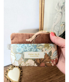 Porte Monnaie MAYA - Velours Noisette et Coton Recyclé Floral Rétro Bleu